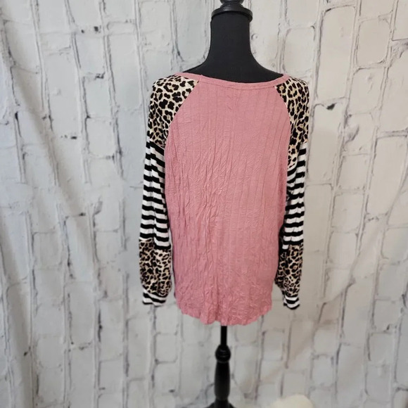 LONG Sleeve Pink‎ Leopard Print Striped Color Block Pullover Balloon Sleeve, M - Picture 5 of 7